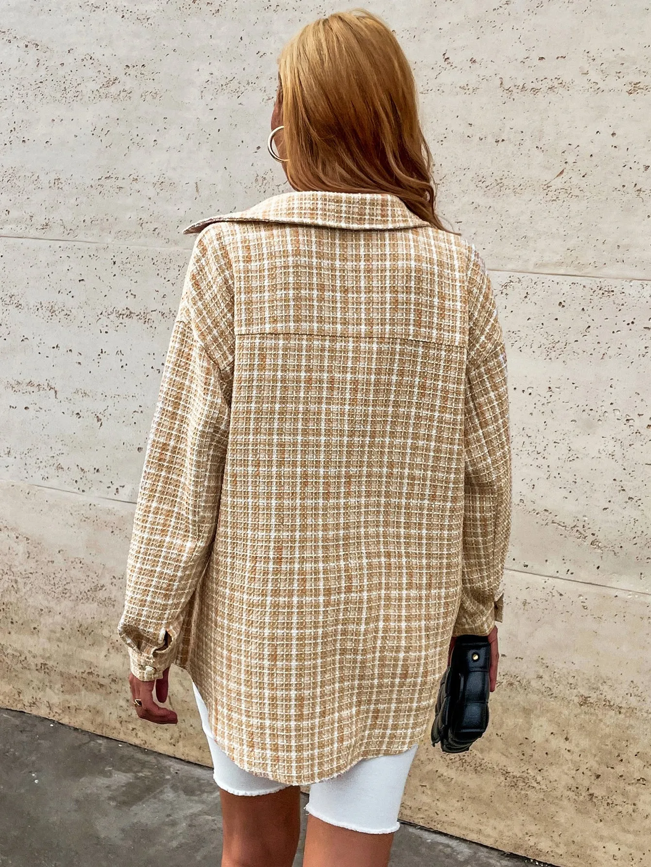 Plaid Pocket Long Sleeve Collar Short Women Overcoat