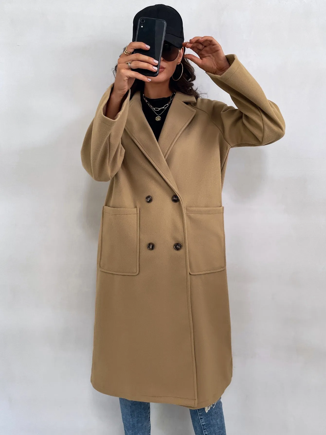 Plain Double Button Long Sleeve Lapel Midi Women Overcoat