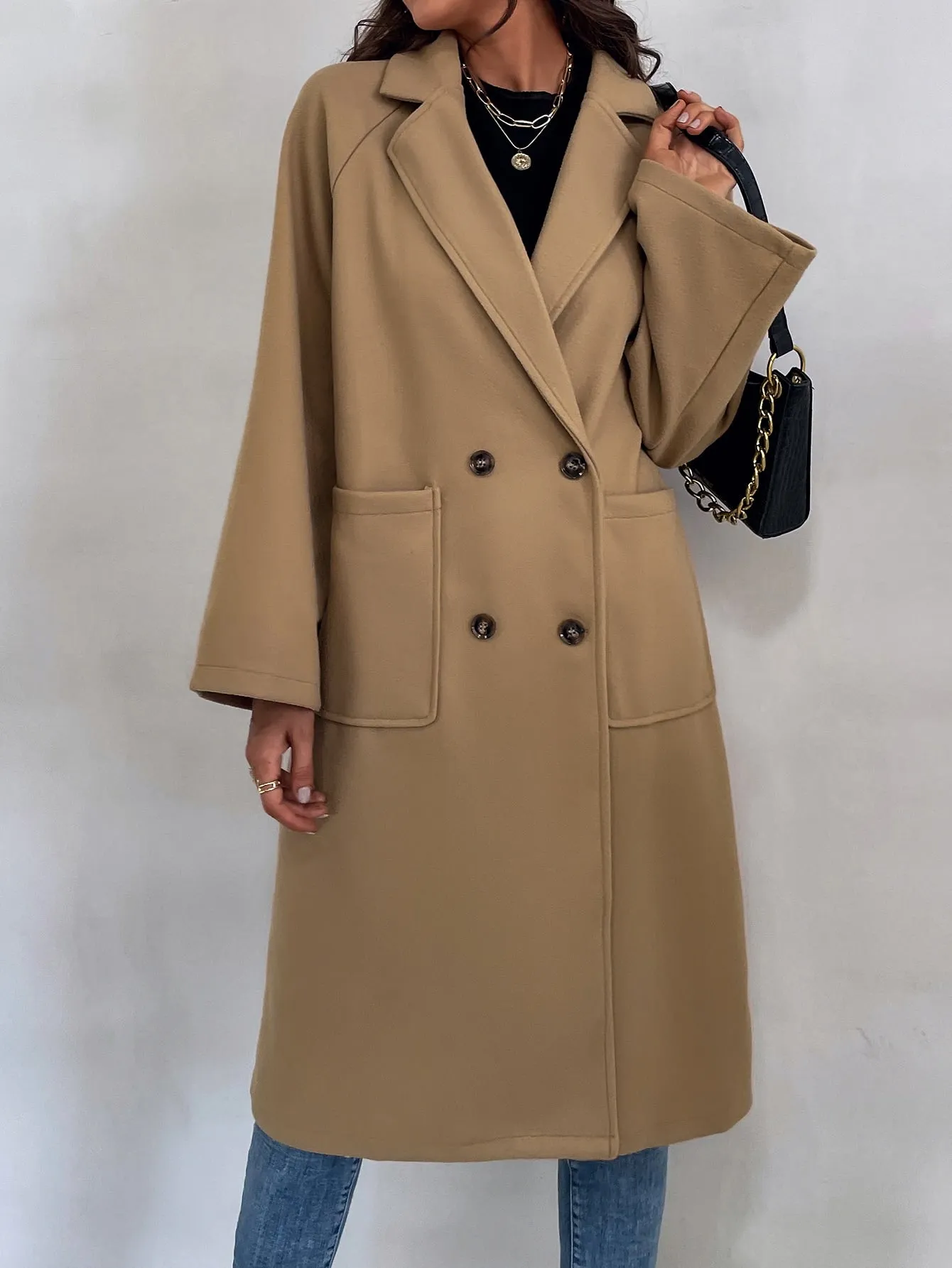 Plain Double Button Long Sleeve Lapel Midi Women Overcoat