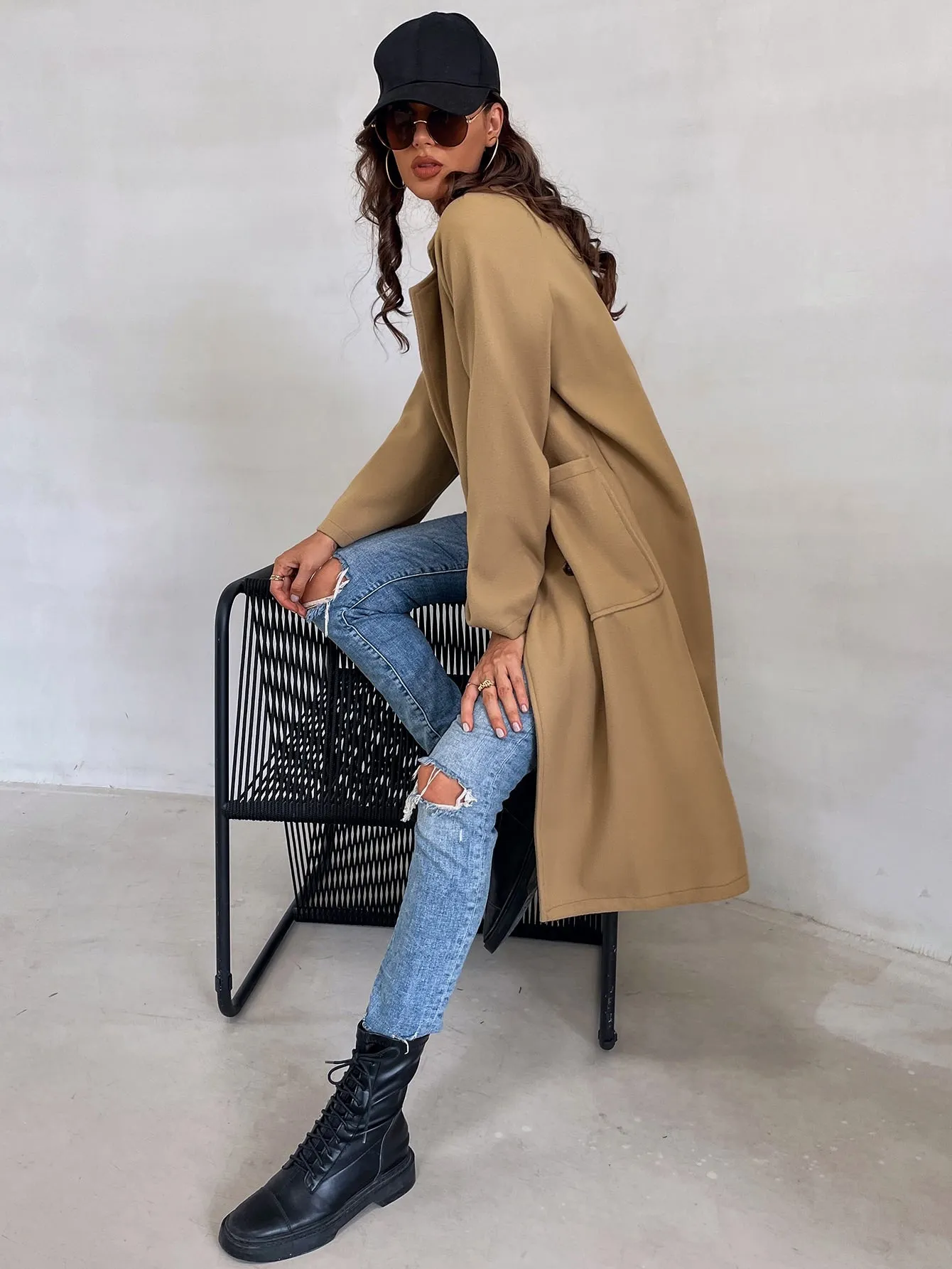 Plain Double Button Long Sleeve Lapel Midi Women Overcoat