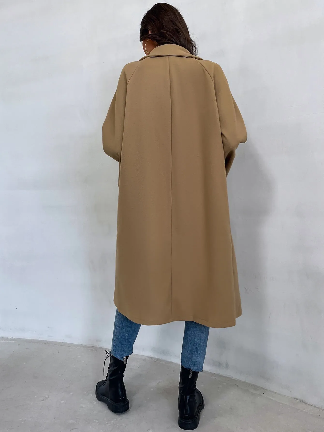 Plain Double Button Long Sleeve Lapel Midi Women Overcoat