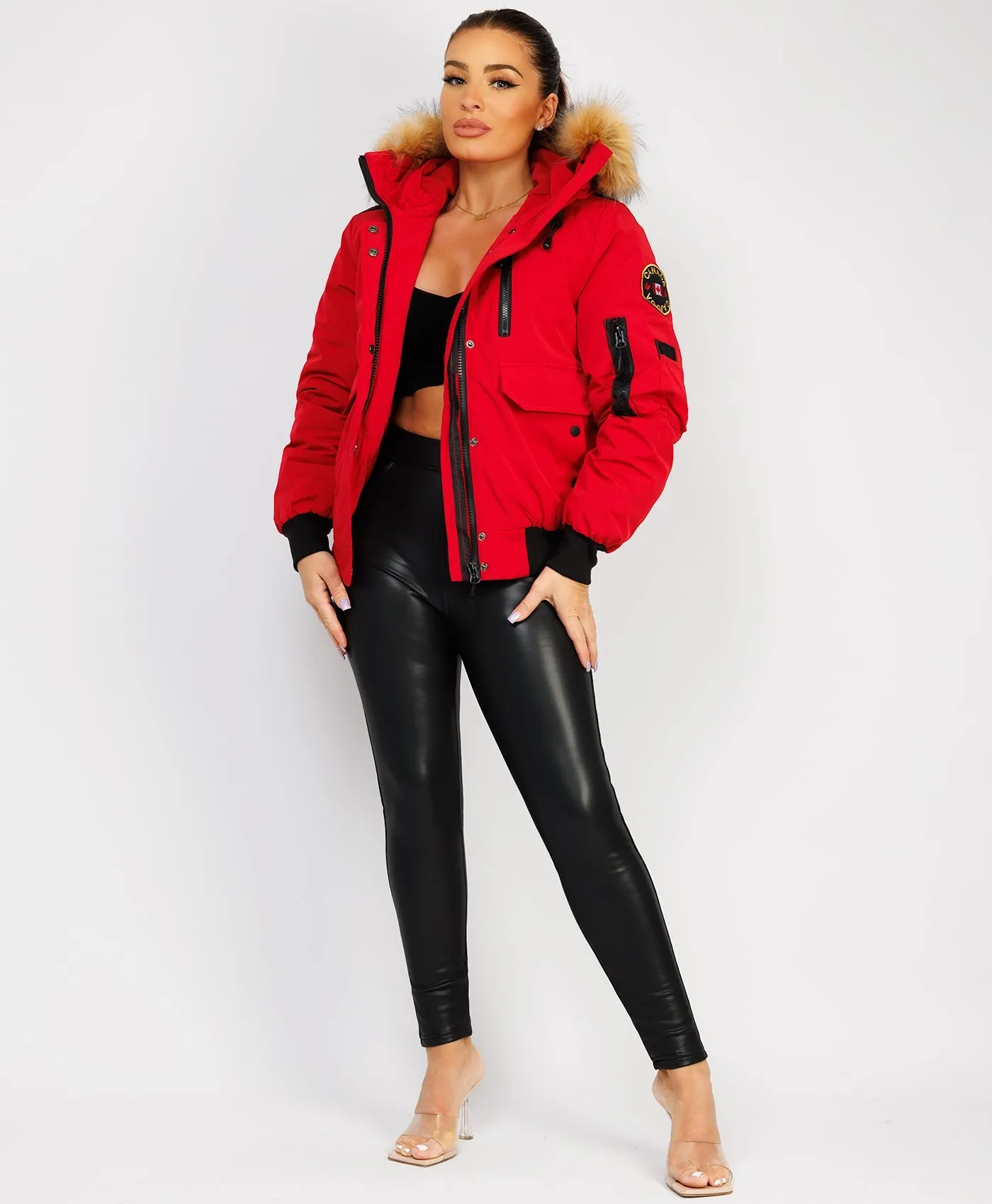 Red Canada Bomber Jacket With Fur Hood