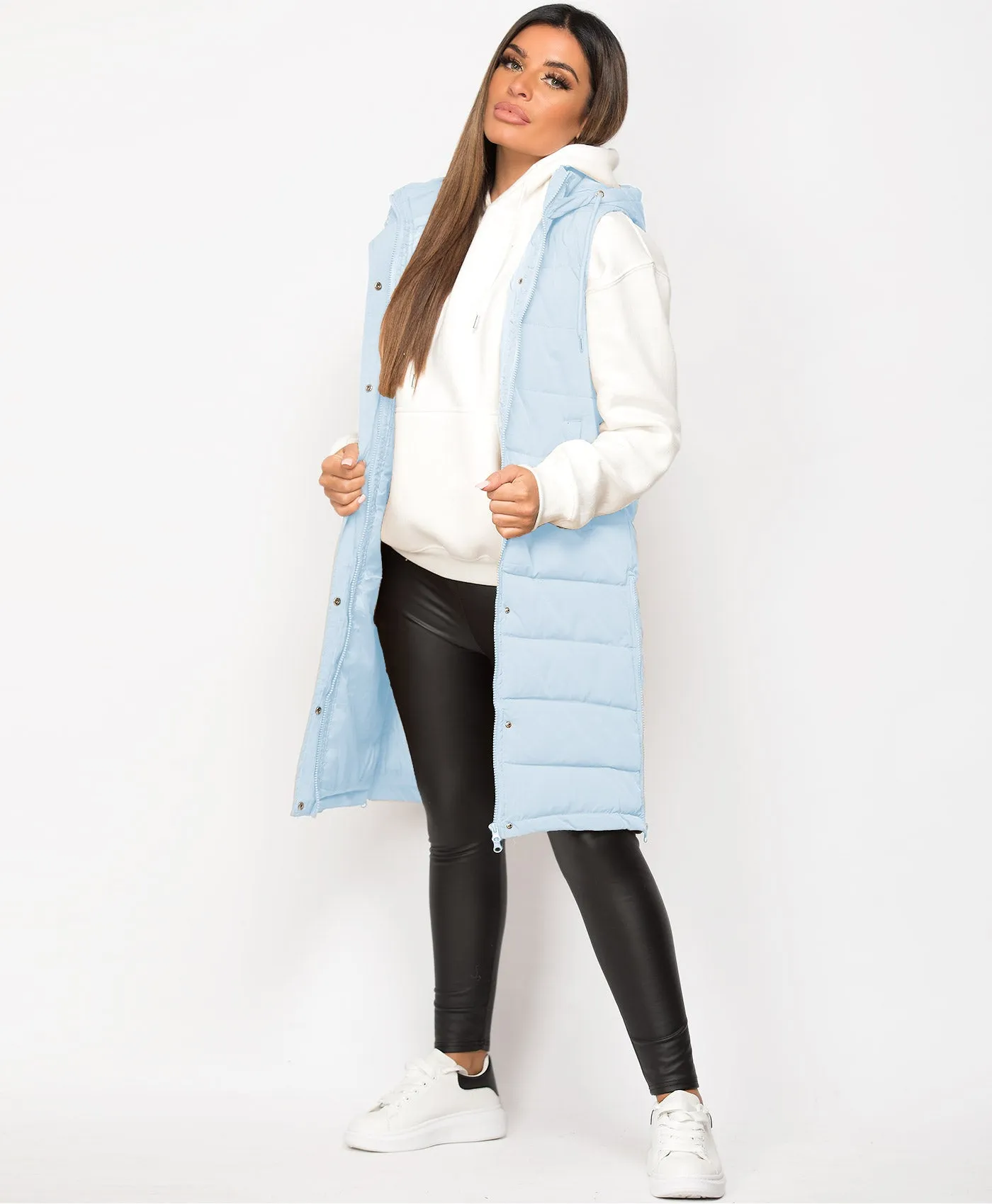 Sky Blue Hooded Side Split Quilted Puffer Long Gilet Bodywarmer