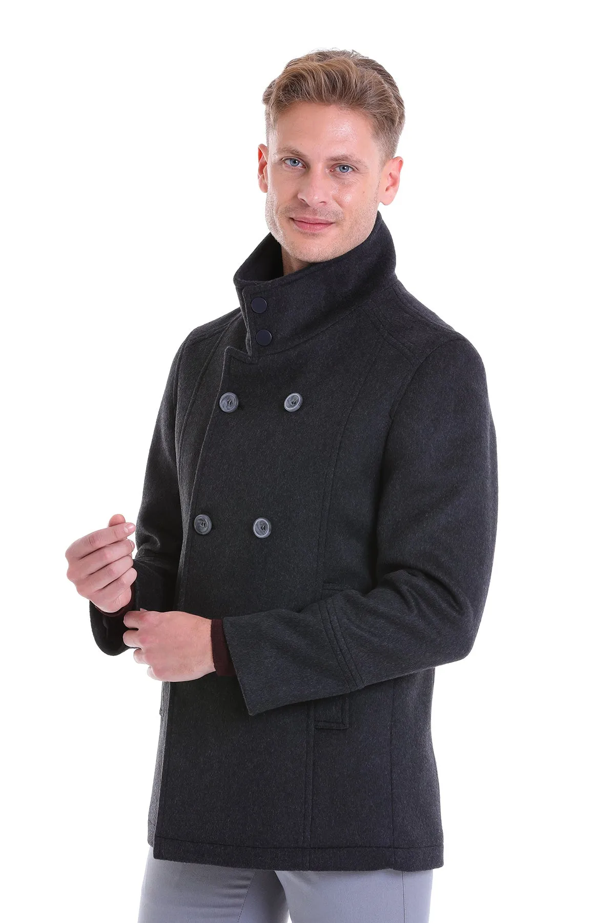 Slim Fit Double Breasted Charcoal Wool Blend Coat