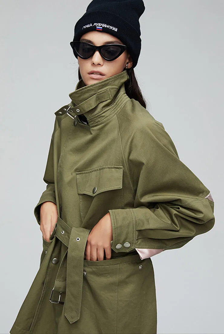 Solid Color Loose Belted Short Trench Coat