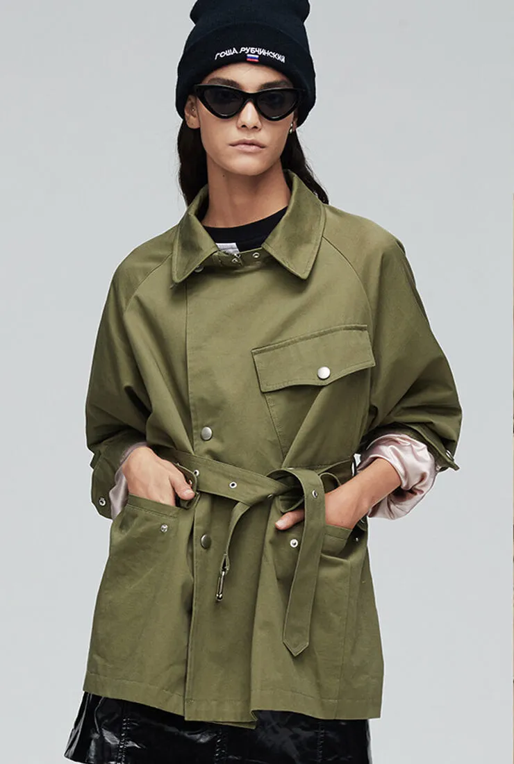 Solid Color Loose Belted Short Trench Coat