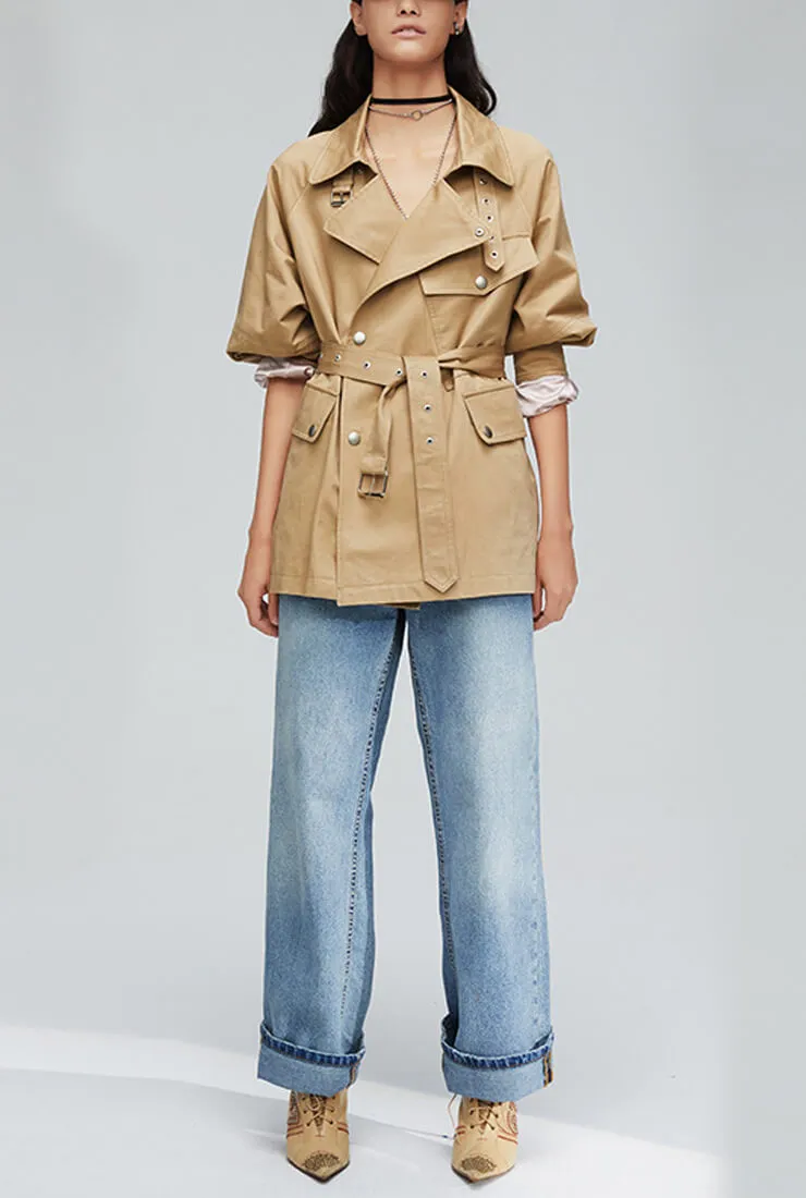 Solid Color Loose Belted Short Trench Coat