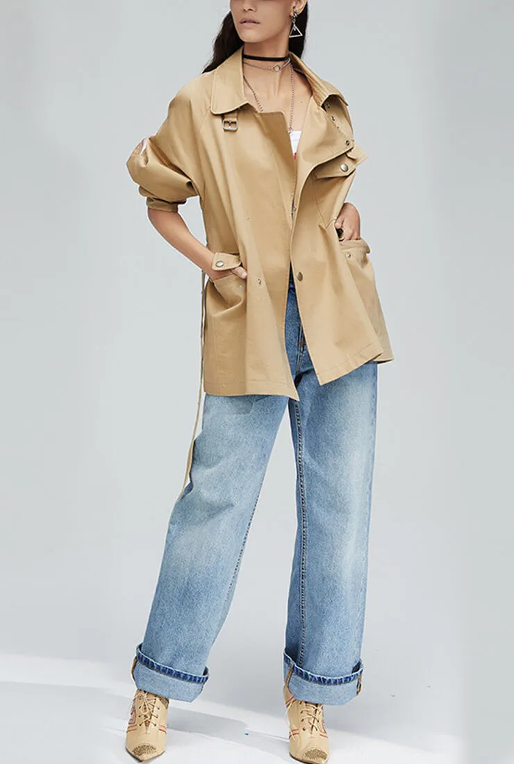 Solid Color Loose Belted Short Trench Coat