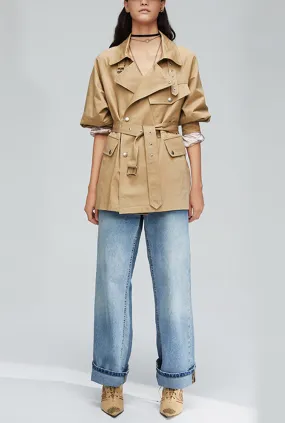 Solid Color Loose Belted Short Trench Coat