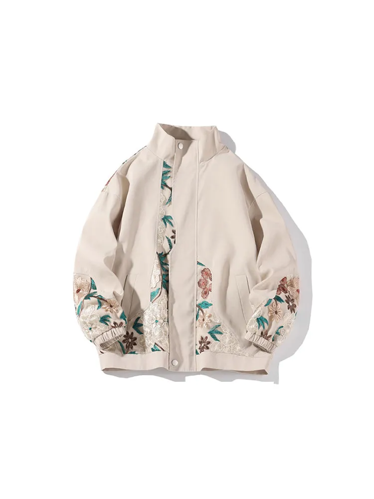 Stand Collar Embroidered Flower Bud Jacket