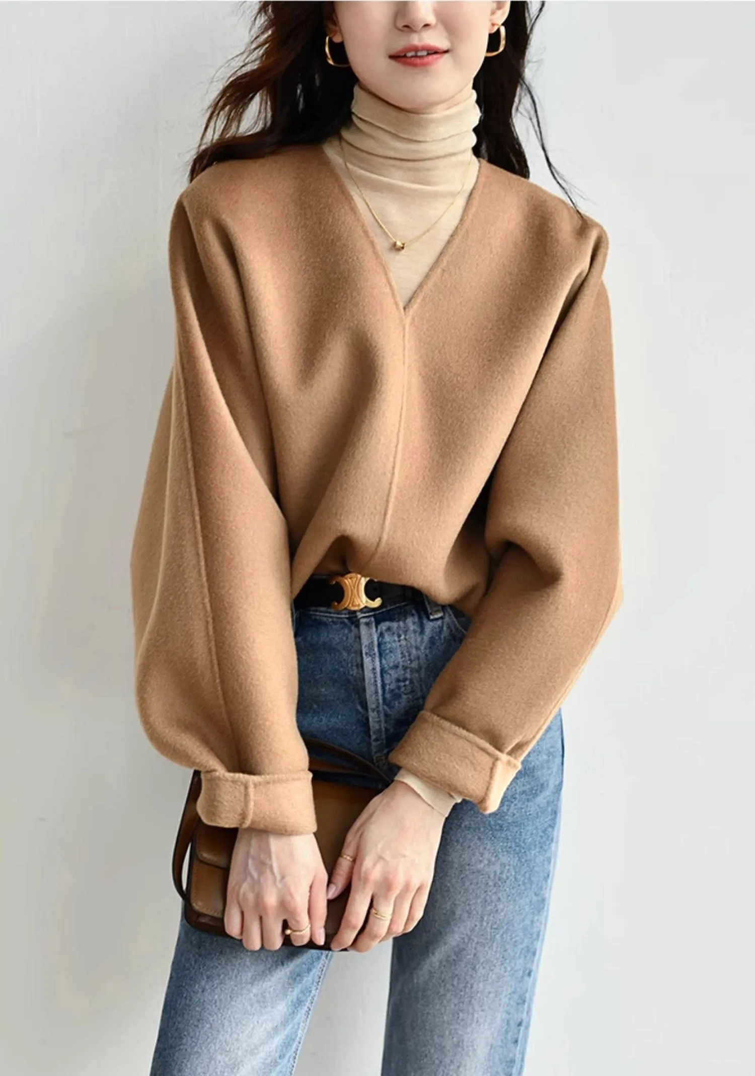 V-Neck Wool Pullover Jacket