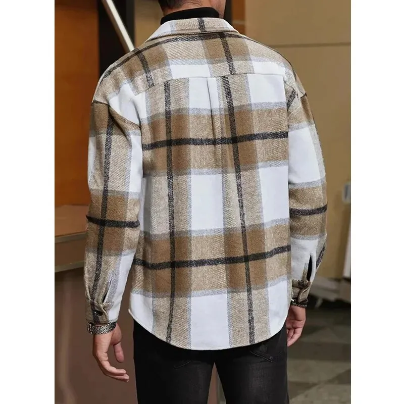 Wiaofellas Fashion Casual Long Sleeve Buttoned Coats Men Harajuku Printed Outerwear Spring Autumn Turn-down Collar Plaid Jackets Mens