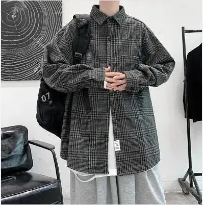 WIAOFELLAS -  Men's Long Sleeves Thickened Fabric Shirts Lattice Printing Coats Fashion Trend Shirts Blue/greyblack Camisa Masculina