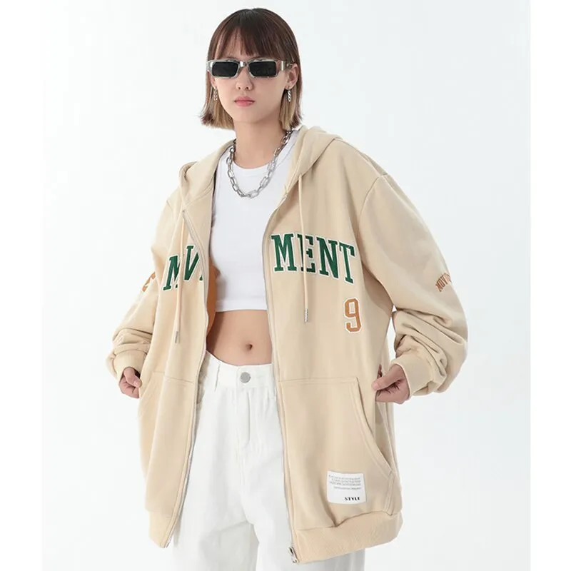 Wjczt Women's Vintage Street Zipper Hoodie Tops Letter Printing Long Sleeves Casual Fashion Baggy Ladies Sports Outerwear Tops Autumn