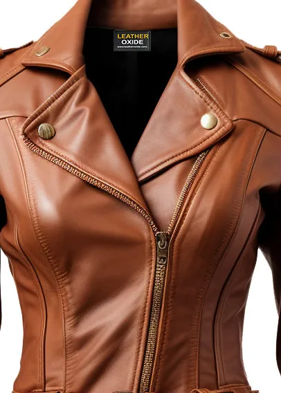 Women Brown Leather Jacket Asymmetrical Biker Style