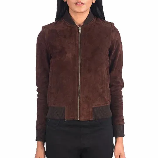 Women Brown Suede Leather Bomber Jacket