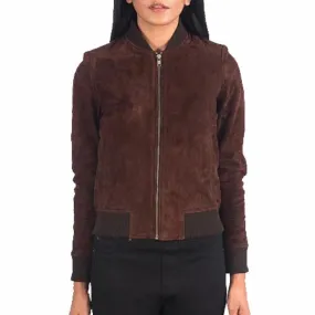 Women Brown Suede Leather Bomber Jacket