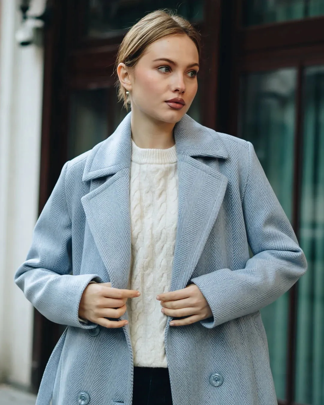 Women's Herringbone Double-Breasted Coat - Light Blue - SCB-W12411