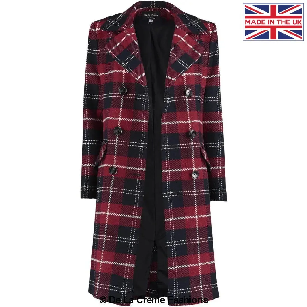 Wool Blend Tartan Check Double Breasted Coat