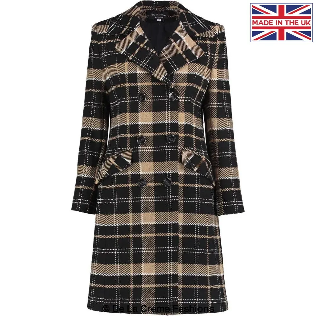 Wool Blend Tartan Check Double Breasted Coat