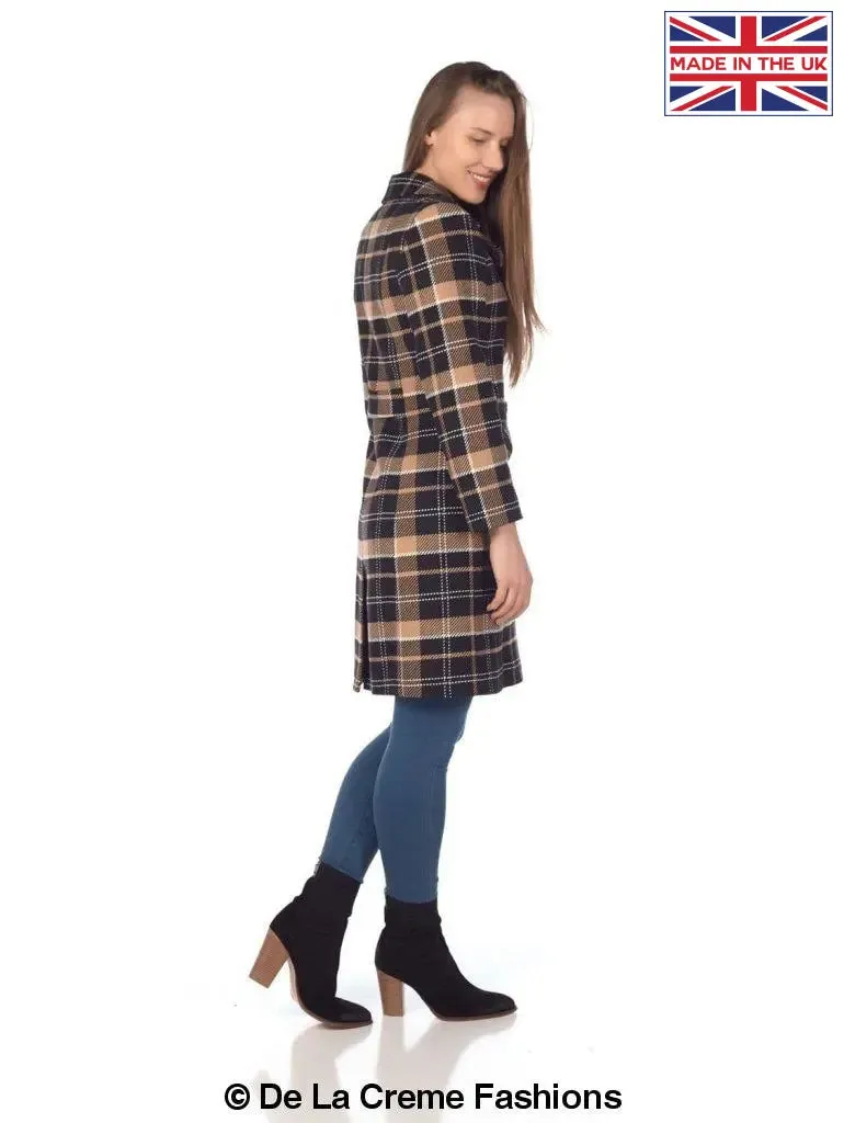 Wool Blend Tartan Check Double Breasted Coat